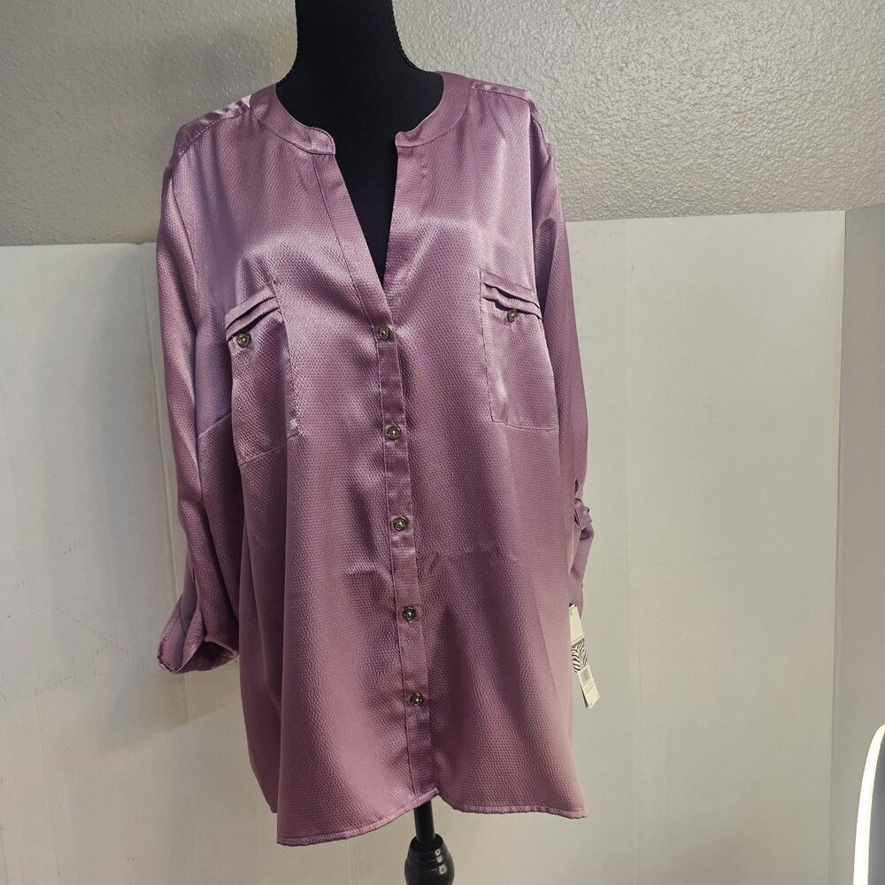 Nwt Dana Buchnan Lavender Satin Blouse Sz 3X Roll Tab Sleeves Feminine W0500